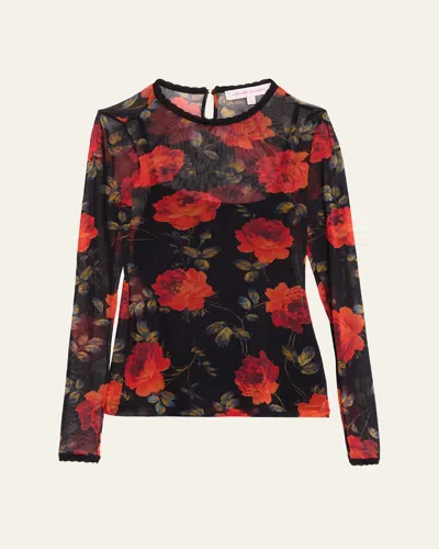 Carolina Herrera Rose Mesh Long-sleeve Top In Black