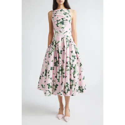 Carolina Herrera Rose Print Bateau Neck Midi Dress In Pink