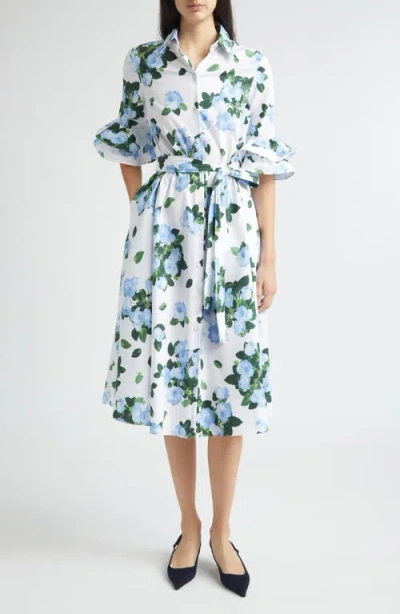 Carolina Herrera Rose Print Belted Midi Shirtdress In Multi