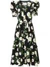 Carolina Herrera Floral Puff Sleeve Stretch Midi Dress In Black