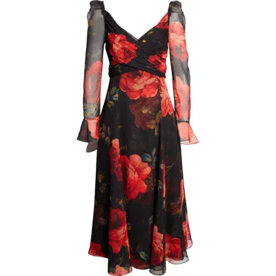 Carolina Herrera Rose Print Long Sleeve Cross Front Silk Chiffon Midi Dress In Multi