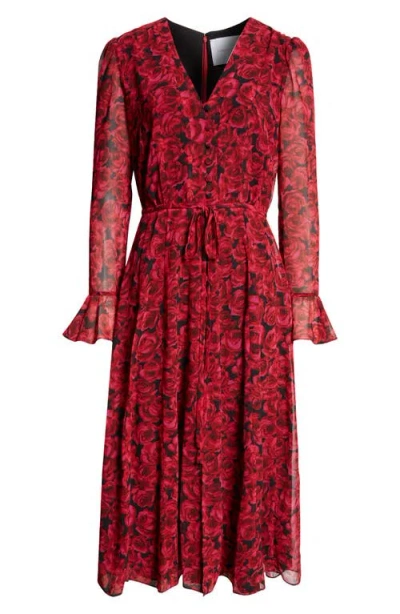 Carolina Herrera Rose Print Long Sleeve Dress In Herrera Red Multi