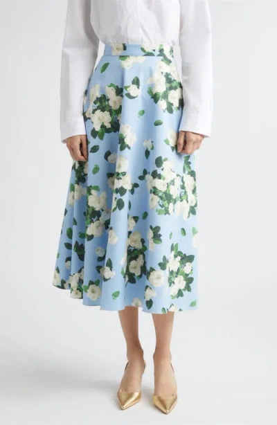 Carolina Herrera Rose Print Midi Skirt In Blue