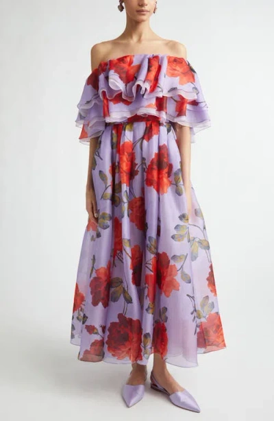 Carolina Herrera Rose Print Off The Shoulder Silk Organza Midi Dress In Purple