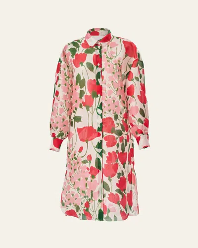 Carolina Herrera Rose Print Oversized Self-belt Midi Shirt Dress In White Multi