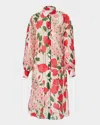 Carolina Herrera Rose Print Oversized Self-belt Midi Shirt Dress In White Multi