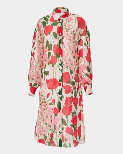 Carolina Herrera Rose Print Oversized Self-belt Midi Shirt Dress In White Multi