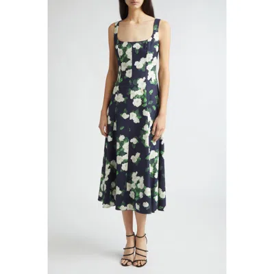 Carolina Herrera Sleeveless Square-neck Rose-print Paneled Midi Dress In Blue