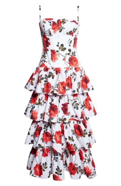 Carolina Herrera Rose Print Tiered Ruffle Convertible Stretch Cotton Poplin Dress In Multi