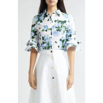 Carolina Herrera Rose Print Tiered Ruffle Cuff Button-up Shirt In Multi