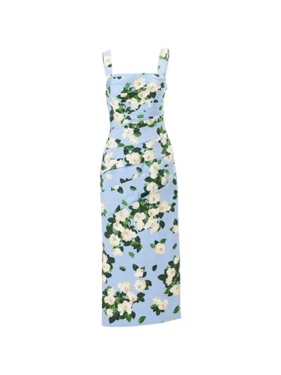 Carolina Herrera Draped Floral Cotton Sleeveless Midi Dress In Blue