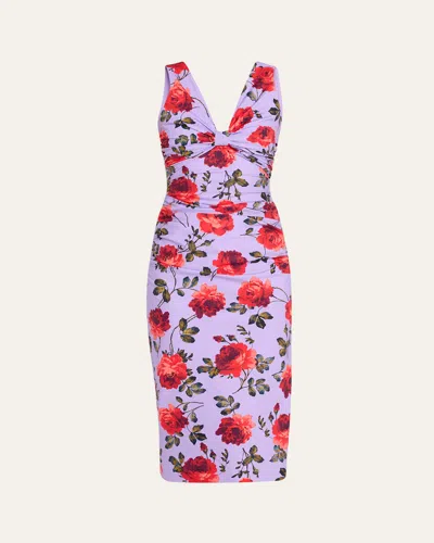 Carolina Herrera Rose-print Gathered Silk Sleeveless Dress In Purple