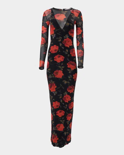 Carolina Herrera Rose-print Mesh Long-sleeve Maxi Dress In Black