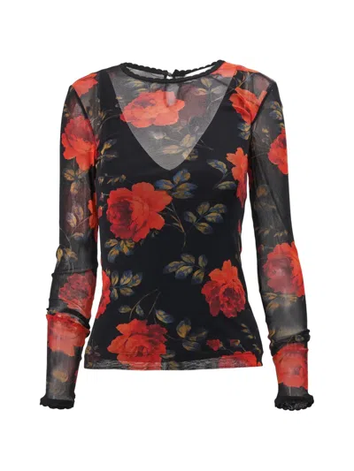 Carolina Herrera Rose-print Mesh Top In Black