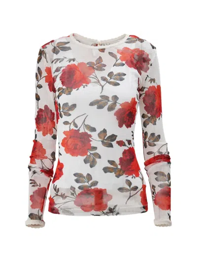 Carolina Herrera Rose Print Silk Mesh Top In White