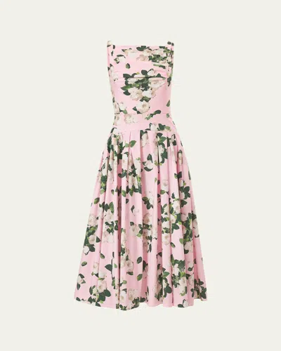 Carolina Herrera Rose-print Pleated Drop-waist Midi Dress In Pink