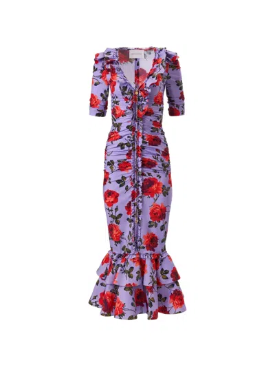 Carolina Herrera Rose-print Ruched V-neck Midi Dress In Multi
