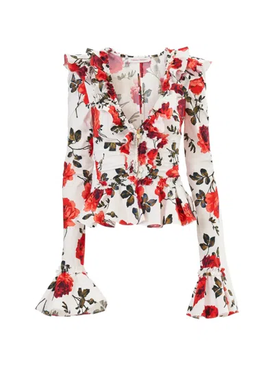 Carolina Herrera Floral Ruched Ruffle Peplum Blouse In White