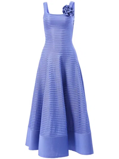 Carolina Herrera Rosette-appliqué Stripe-knit Dress In Blue