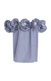 Carolina Herrera Ruffled Off-the-shoulder Striped Cotton-poplin Top In Blue