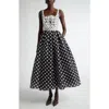 Carolina Herrera Polka-dot Flower Sleeveless Tea-length Dress In Black/ivory