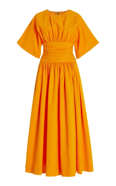 Carolina Herrera Ruched Cotton Poplin Midi Dress In Orange