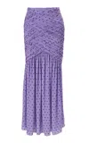 Carolina Herrera Ruched Dot-print Double Crepe De Chine Midi Skirt In Purple