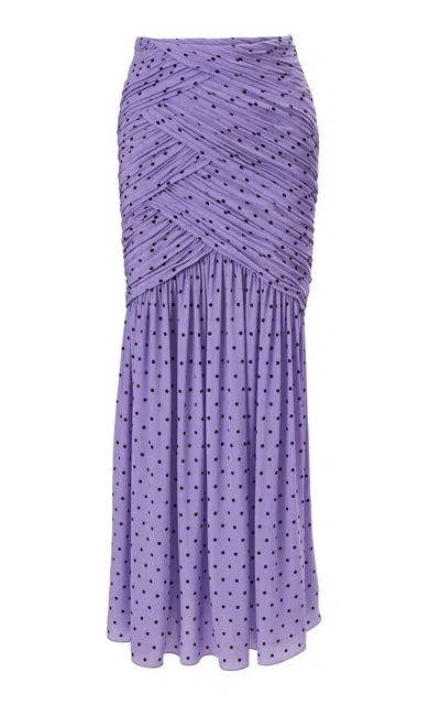 Carolina Herrera Ruched Dot-print Double Crepe De Chine Midi Skirt In Purple