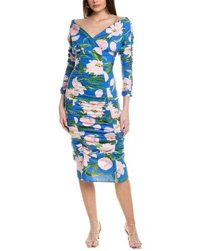 Carolina Herrera Floral Ruched Cotton-blend Midi Dress In Blue