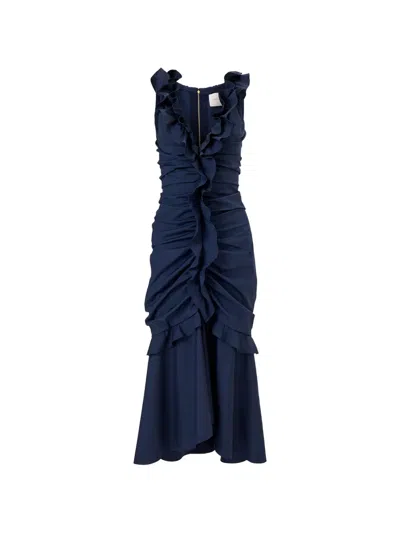 Carolina Herrera Sleeveless V-neck Ruched And Ruffled Midi Dress In Blue