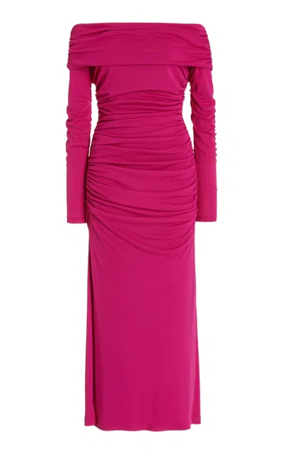 Carolina Herrera Ruched Off-the-shoulder Jersey Midi Dress In Pink