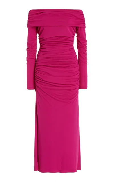 CAROLINA HERRERA RUCHED OFF-THE-SHOULDER JERSEY MIDI DRESS