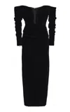 Carolina Herrera Ruched Off-the-shoulder Stretch Velvet Midi Dress In Black