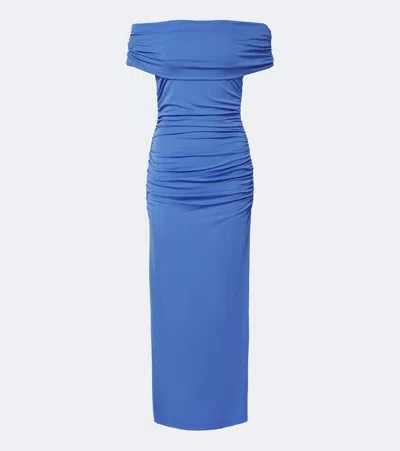 Carolina Herrera Ruched Off-shoulder Jersey Midi Dress In Blue