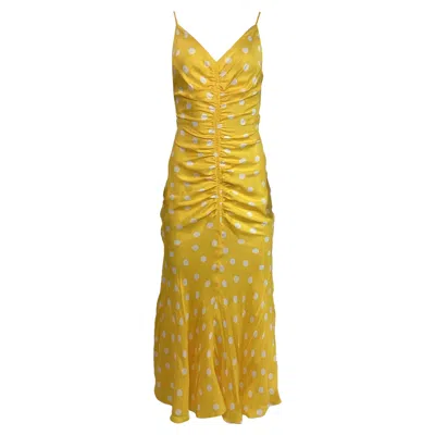 Carolina Herrera Ruched Polka Dot Midi Sleeveless Dress In Yellow Viscose