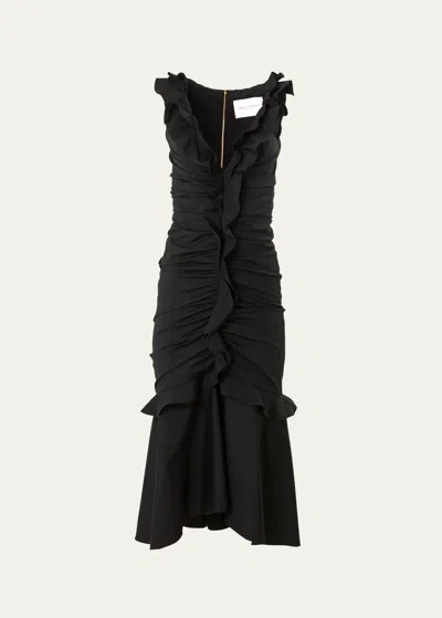 Carolina Herrera Ruffled Cotton-blend Midi Dress In Black