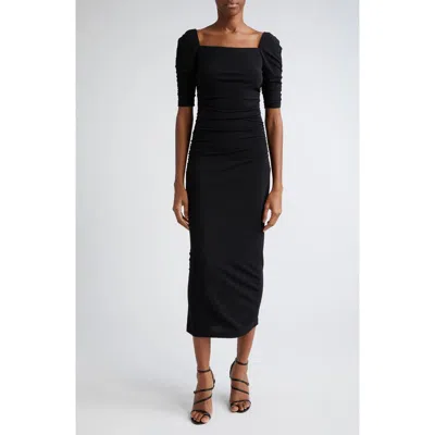 Carolina Herrera Ruched Square Neck Knit Body-con Midi Dress In Black