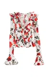 Carolina Herrera Ruched Stemmed-rose-printed Stretch-cotton Top In White