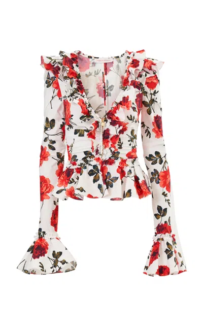Carolina Herrera Ruched Stemmed-rose-printed Stretch-cotton Top In White