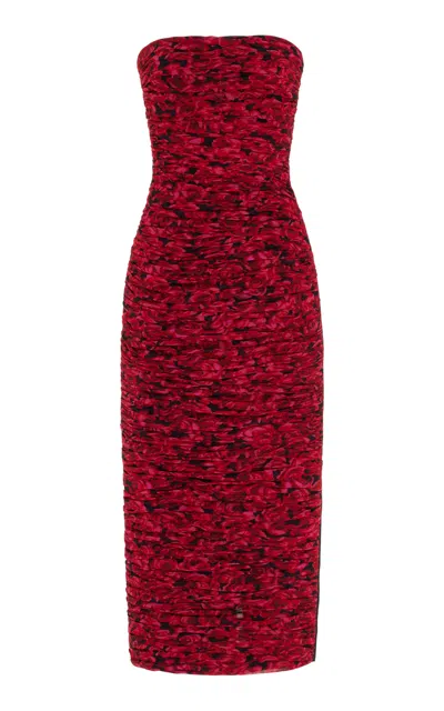 Carolina Herrera Ruched Strapless Crepe Midi Dress In Red
