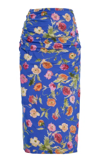 Carolina Herrera Ruched Floral-print Cotton-blend Midi Skirt In Blue