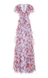 Carolina Herrera Plunging Ruffle Short-sleeve Silk Gown In Multi