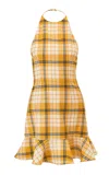 Carolina Herrera Ruffle-hem Check Plaid Stretch-wool Mini Dress In Brown