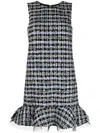 Carolina Herrera Check Tweed Ruffle-hem Sleeveless Mini Shift Dress In Black