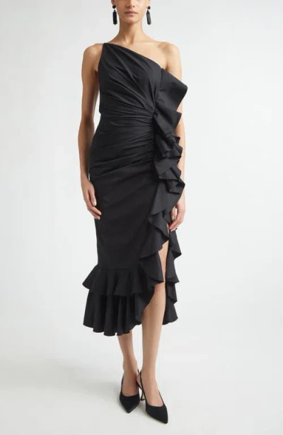 Carolina Herrera Ruffled Asymmetric Ruched One-shoulder Midi Dress In Black