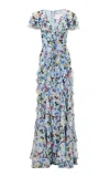 Carolina Herrera Ruffled Garden Floral Chiffon Gown In Blue