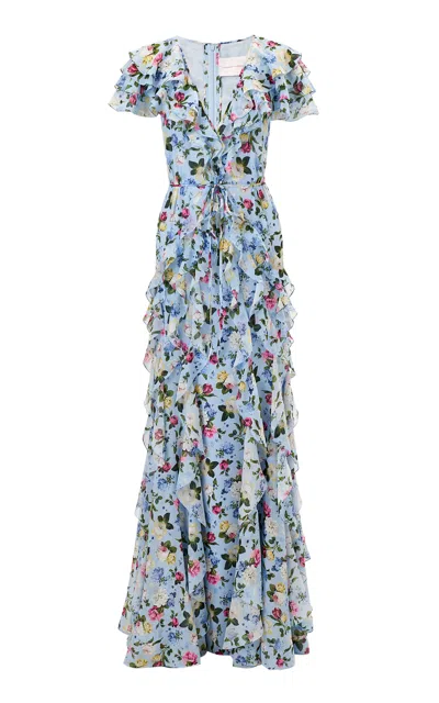 Carolina Herrera Ruffled Garden Floral Chiffon Gown In Blue