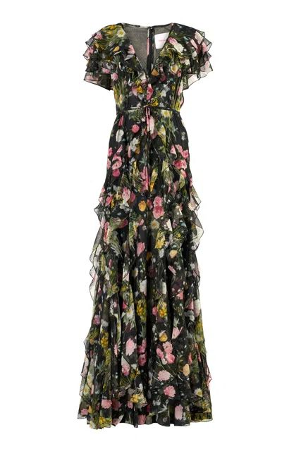 Carolina Herrera Ruffled Meadow Floral Crinkle Gown In Black