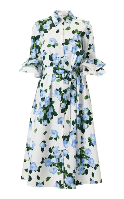Carolina Herrera Ruffled Painted Rose Cotton Shirt Dress In White