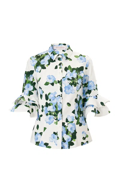 Carolina Herrera Ruffled Painted Rose Cotton Shirt In White